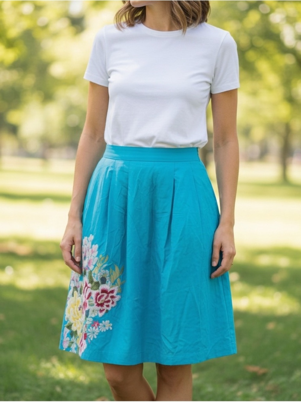 Anthropologie Blue Tassel Turquoise A-Line Skirt with Floral Embroidery